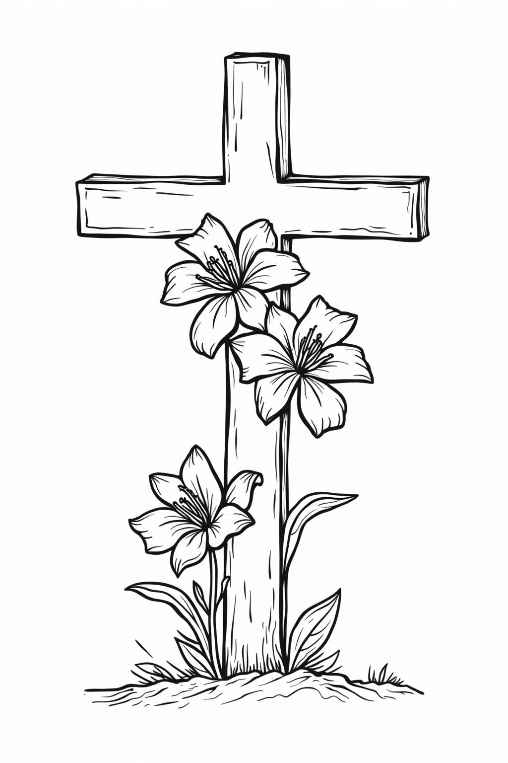 Printable Easter coloring page of a cross with lilies
