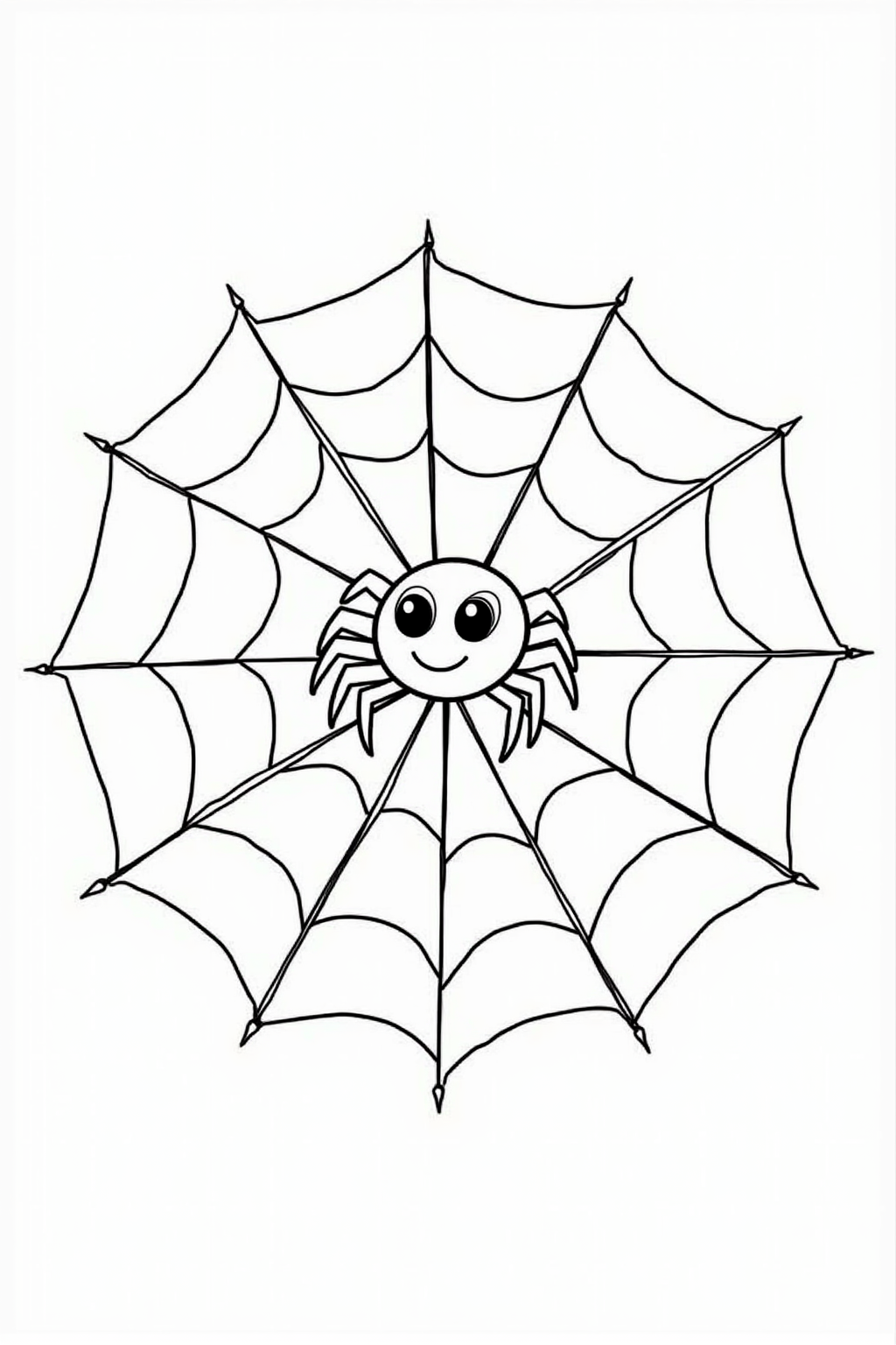 Printable Halloween coloring page of a spiderweb with a friendly spider