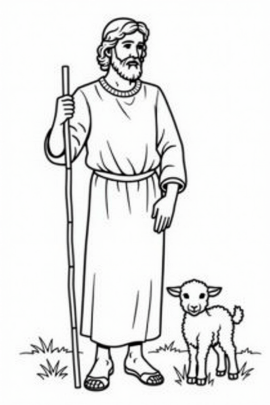 Printable nativity coloring page of a shepherd with a lamb