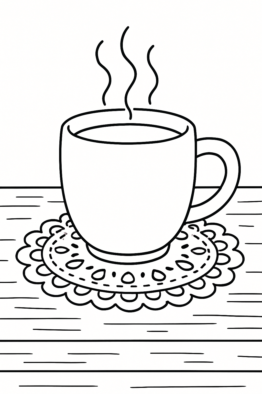 Large-print coloring page of a warm mug of tea