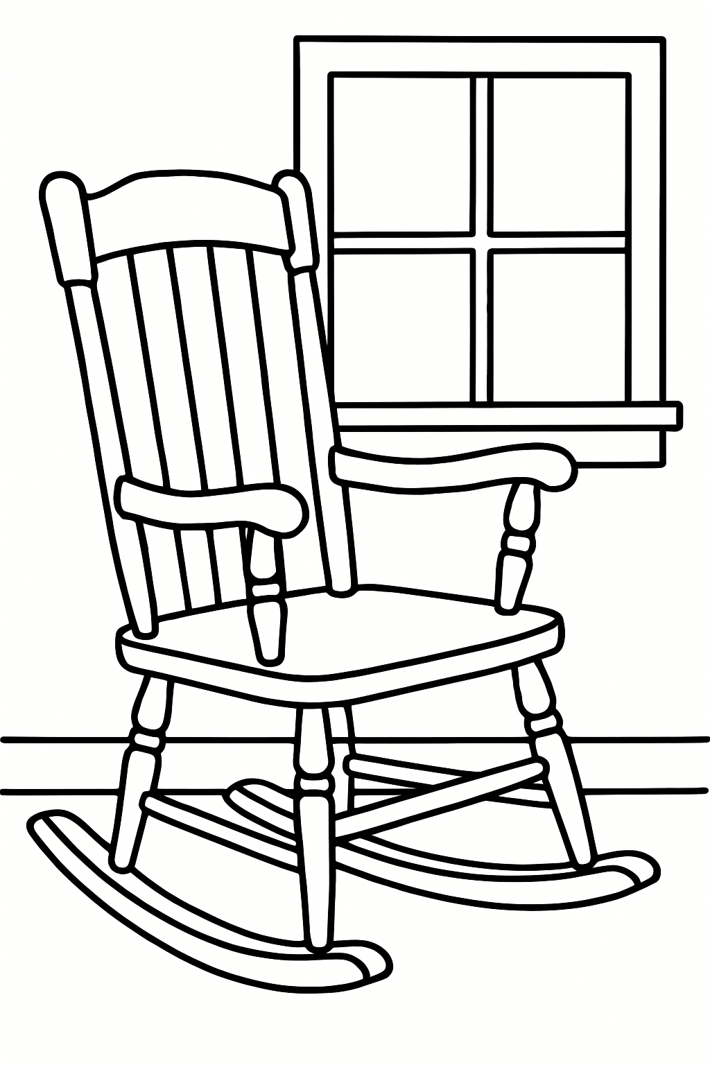 Large-print coloring page of a rocking chair by a window